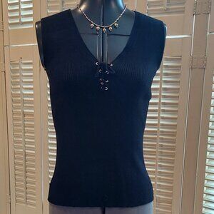 Ralph Lauren Black Ribbed Cotton Laced Front V-Neck Tank Top Size S